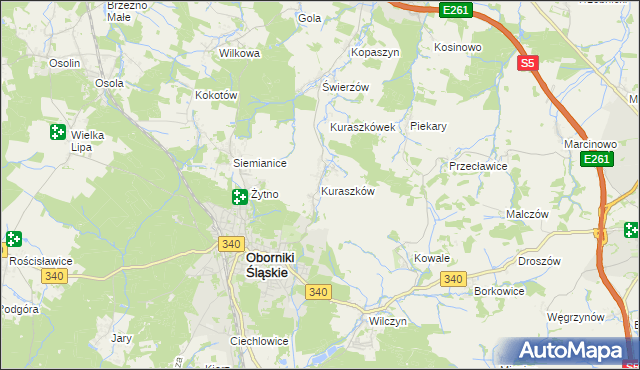 mapa Kuraszków gmina Oborniki Śląskie, Kuraszków gmina Oborniki Śląskie na mapie Targeo