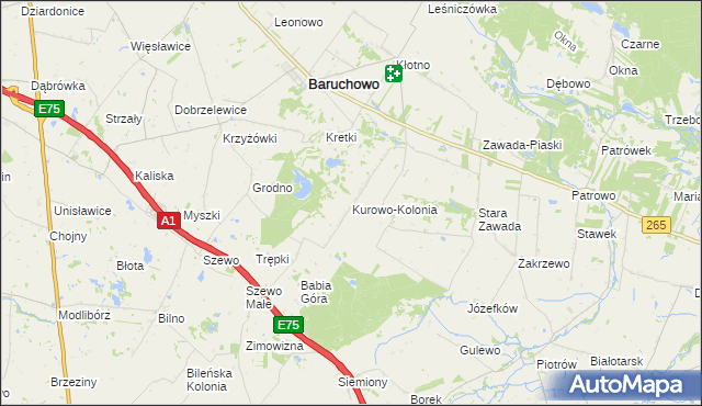 mapa Kurowo-Kolonia gmina Baruchowo, Kurowo-Kolonia gmina Baruchowo na mapie Targeo