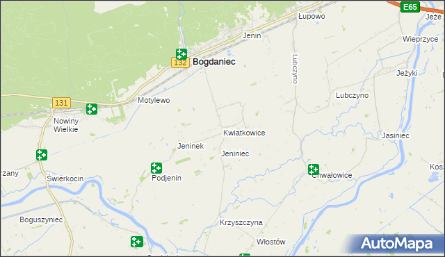 mapa Kwiatkowice gmina Bogdaniec, Kwiatkowice gmina Bogdaniec na mapie Targeo