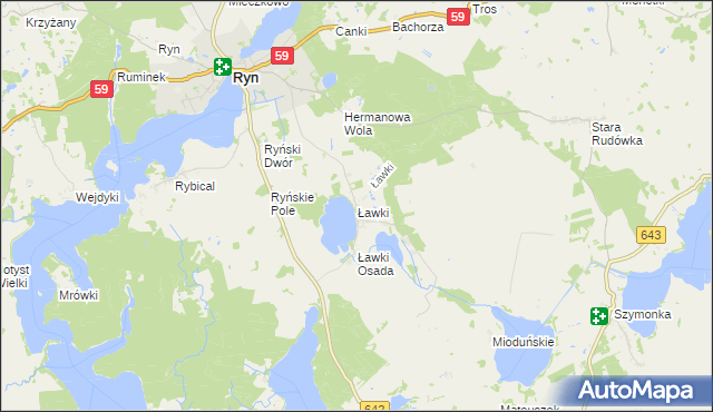 mapa Ławki gmina Ryn, Ławki gmina Ryn na mapie Targeo