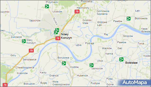 mapa Łęka gmina Nowy Korczyn, Łęka gmina Nowy Korczyn na mapie Targeo