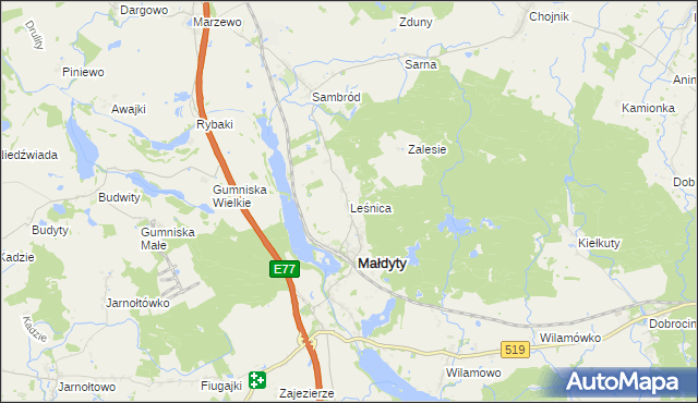 mapa Leśnica gmina Małdyty, Leśnica gmina Małdyty na mapie Targeo