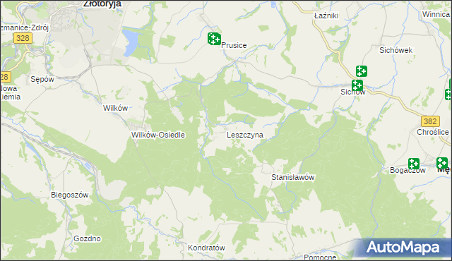 mapa Leszczyna gmina Złotoryja, Leszczyna gmina Złotoryja na mapie Targeo