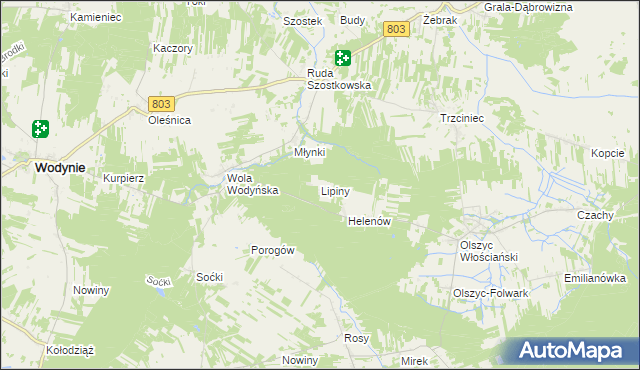 mapa Lipiny gmina Wodynie, Lipiny gmina Wodynie na mapie Targeo