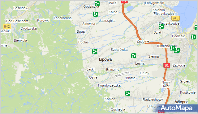 mapa Lipowa powiat żywiecki, Lipowa powiat żywiecki na mapie Targeo