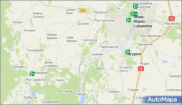 mapa Lipowiec gmina Kurzętnik, Lipowiec gmina Kurzętnik na mapie Targeo