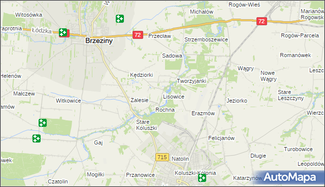 mapa Lisowice gmina Koluszki, Lisowice gmina Koluszki na mapie Targeo