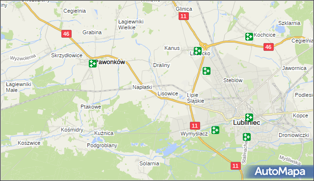 mapa Lisowice gmina Pawonków, Lisowice gmina Pawonków na mapie Targeo