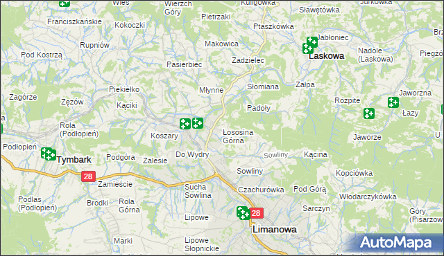 mapa Łososina Górna, Łososina Górna na mapie Targeo