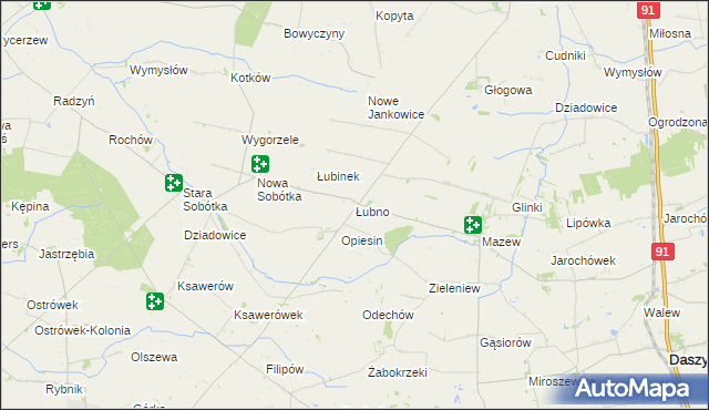 mapa Łubno gmina Daszyna, Łubno gmina Daszyna na mapie Targeo