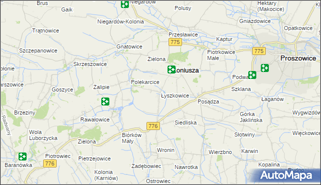 mapa Łyszkowice gmina Koniusza, Łyszkowice gmina Koniusza na mapie Targeo
