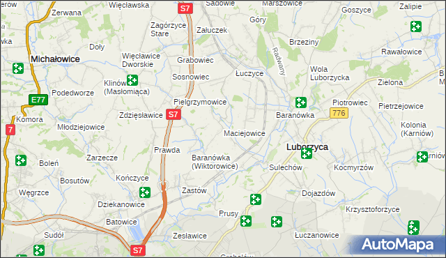 mapa Maciejowice gmina Kocmyrzów-Luborzyca, Maciejowice gmina Kocmyrzów-Luborzyca na mapie Targeo