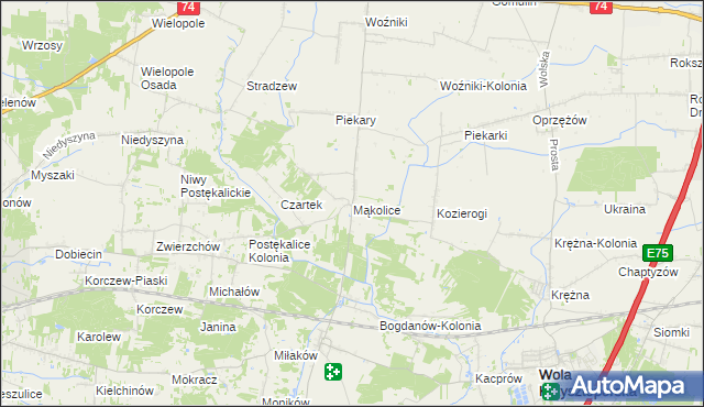 mapa Mąkolice gmina Wola Krzysztoporska, Mąkolice gmina Wola Krzysztoporska na mapie Targeo