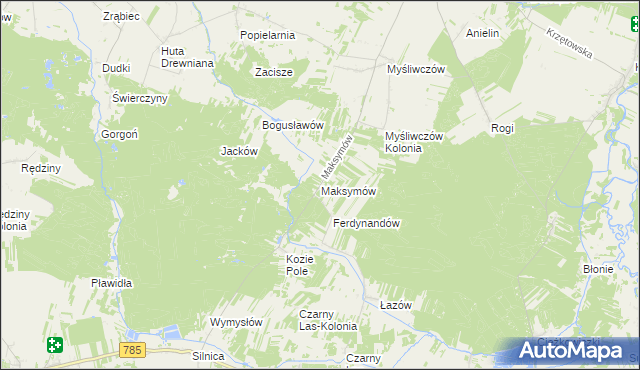 mapa Maksymów gmina Wielgomłyny, Maksymów gmina Wielgomłyny na mapie Targeo