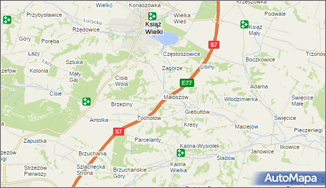 mapa Małoszów gmina Książ Wielki, Małoszów gmina Książ Wielki na mapie Targeo