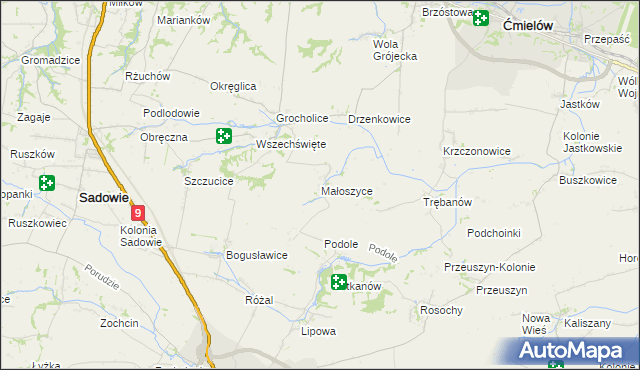 mapa Małoszyce gmina Sadowie, Małoszyce gmina Sadowie na mapie Targeo