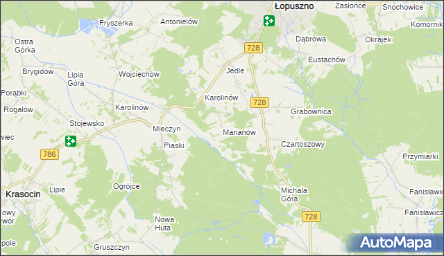 mapa Marianów gmina Łopuszno, Marianów gmina Łopuszno na mapie Targeo