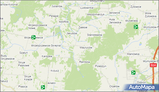 mapa Mauryców gmina Wodzierady, Mauryców gmina Wodzierady na mapie Targeo