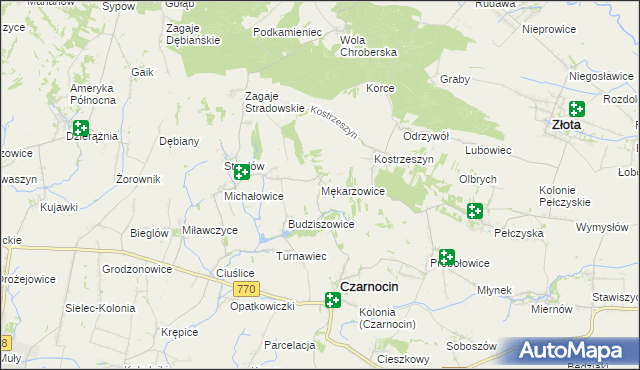 mapa Mękarzowice gmina Czarnocin, Mękarzowice gmina Czarnocin na mapie Targeo