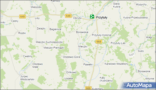 mapa Mieczki gmina Przytuły, Mieczki gmina Przytuły na mapie Targeo