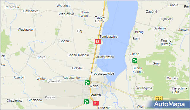 mapa Mikołajewice gmina Warta, Mikołajewice gmina Warta na mapie Targeo