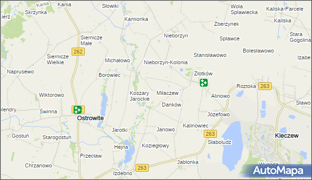 mapa Miłaczew gmina Kleczew, Miłaczew gmina Kleczew na mapie Targeo