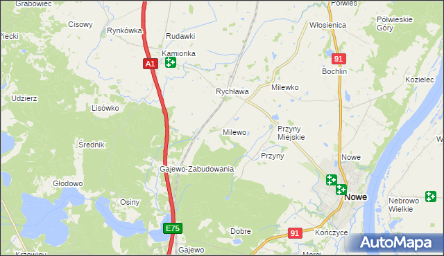 mapa Milewo gmina Nowe, Milewo gmina Nowe na mapie Targeo