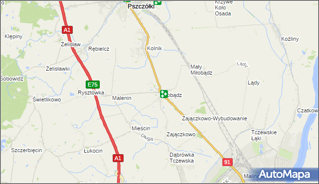 mapa Miłobądz gmina Tczew, Miłobądz gmina Tczew na mapie Targeo