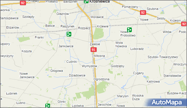 mapa Miłosna gmina Krośniewice, Miłosna gmina Krośniewice na mapie Targeo