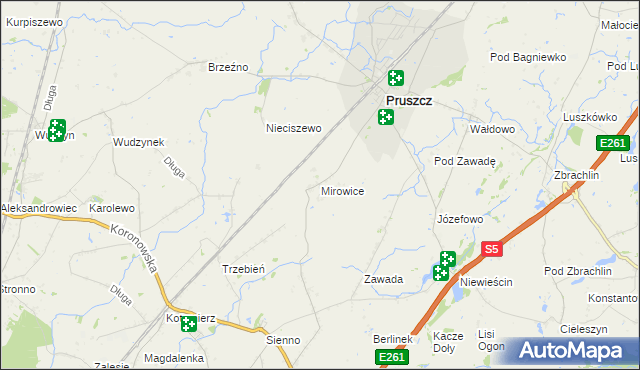 mapa Mirowice gmina Pruszcz, Mirowice gmina Pruszcz na mapie Targeo