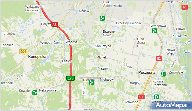 mapa Młynek gmina Poczesna, Młynek gmina Poczesna na mapie Targeo