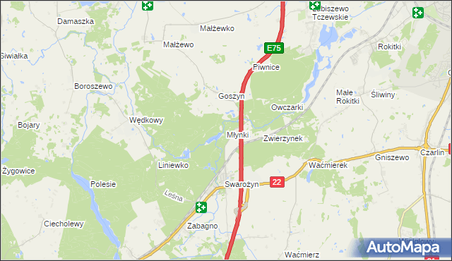 mapa Młynki gmina Tczew, Młynki gmina Tczew na mapie Targeo