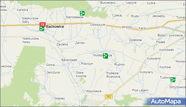 mapa Modliborzyce gmina Baćkowice, Modliborzyce gmina Baćkowice na mapie Targeo