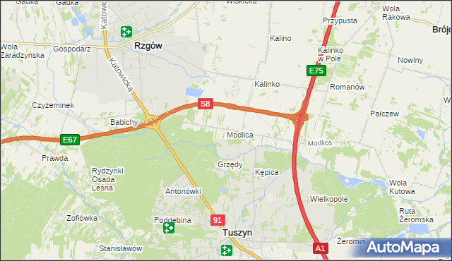 mapa Modlica gmina Tuszyn, Modlica gmina Tuszyn na mapie Targeo