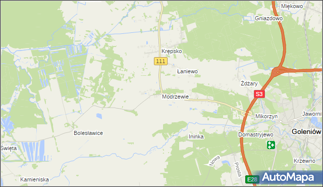 mapa Modrzewie gmina Goleniów, Modrzewie gmina Goleniów na mapie Targeo