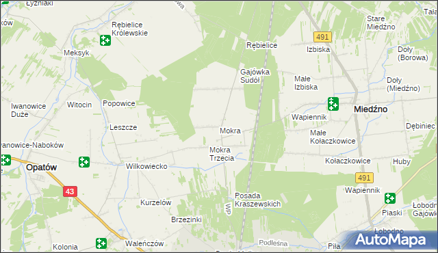 mapa Mokra gmina Miedźno, Mokra gmina Miedźno na mapie Targeo