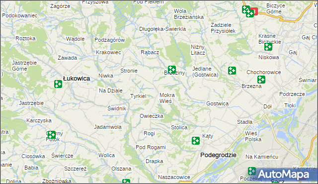 mapa Mokra Wieś gmina Podegrodzie, Mokra Wieś gmina Podegrodzie na mapie Targeo