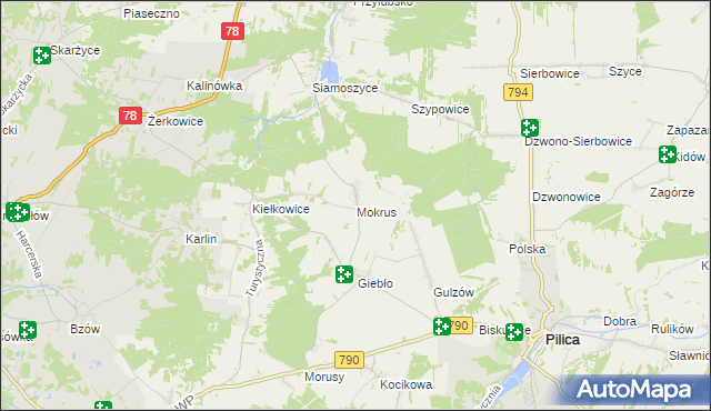 mapa Mokrus gmina Ogrodzieniec, Mokrus gmina Ogrodzieniec na mapie Targeo