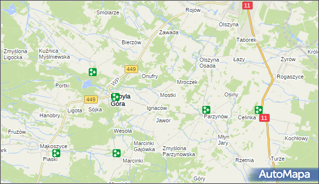 mapa Mostki gmina Kobyla Góra, Mostki gmina Kobyla Góra na mapie Targeo