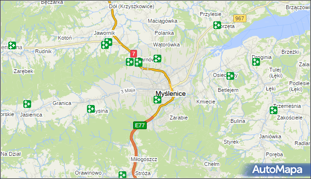 mapa Myślenice, Myślenice na mapie Targeo