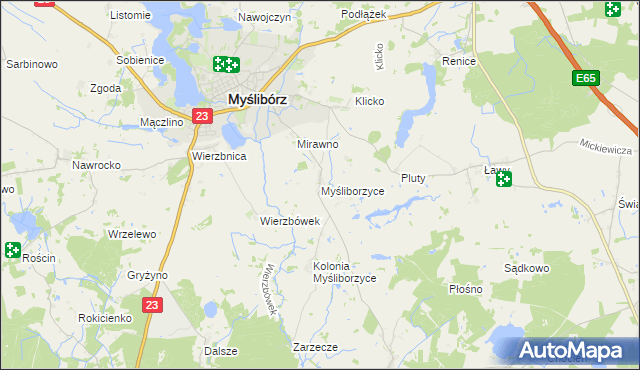 mapa Myśliborzyce gmina Myślibórz, Myśliborzyce gmina Myślibórz na mapie Targeo