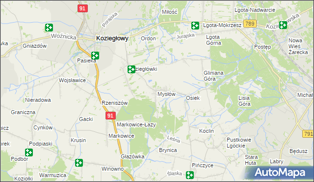 mapa Mysłów gmina Koziegłowy, Mysłów gmina Koziegłowy na mapie Targeo