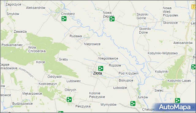 mapa Niegosławice gmina Złota, Niegosławice gmina Złota na mapie Targeo