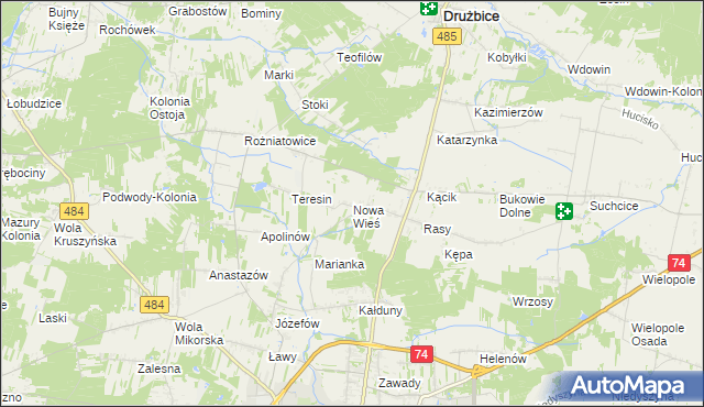 mapa Nowa Wieś gmina Drużbice, Nowa Wieś gmina Drużbice na mapie Targeo