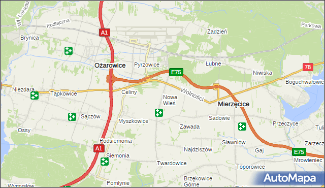 mapa Nowa Wieś gmina Mierzęcice, Nowa Wieś gmina Mierzęcice na mapie Targeo