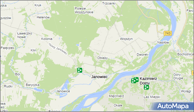 mapa Oblasy gmina Janowiec, Oblasy gmina Janowiec na mapie Targeo