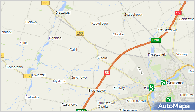 mapa Obora gmina Gniezno, Obora gmina Gniezno na mapie Targeo