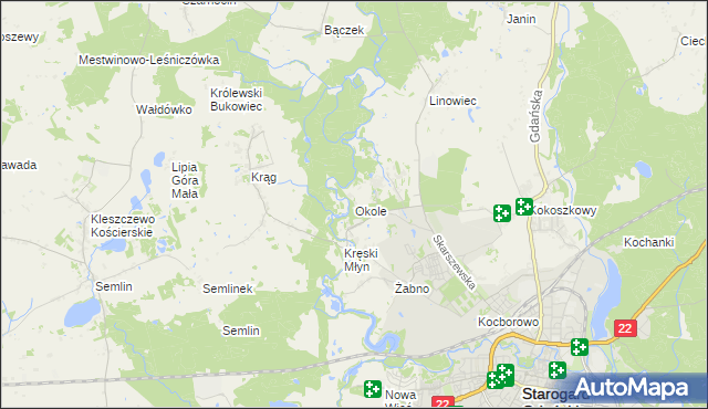 mapa Okole gmina Starogard Gdański, Okole gmina Starogard Gdański na mapie Targeo