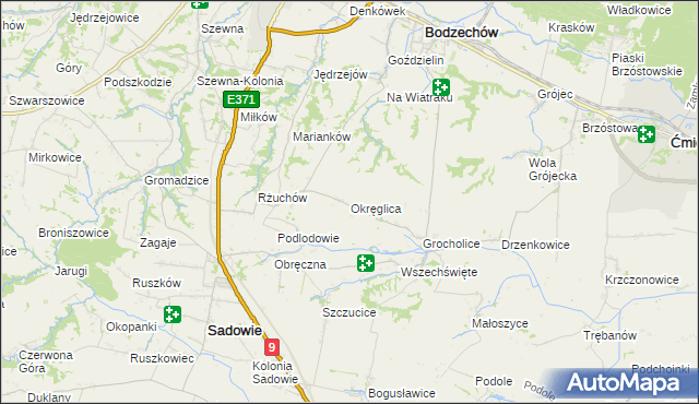 mapa Okręglica gmina Sadowie, Okręglica gmina Sadowie na mapie Targeo