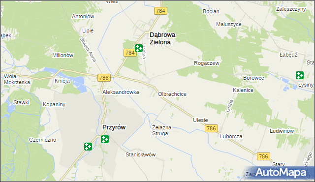 mapa Olbrachcice gmina Dąbrowa Zielona, Olbrachcice gmina Dąbrowa Zielona na mapie Targeo